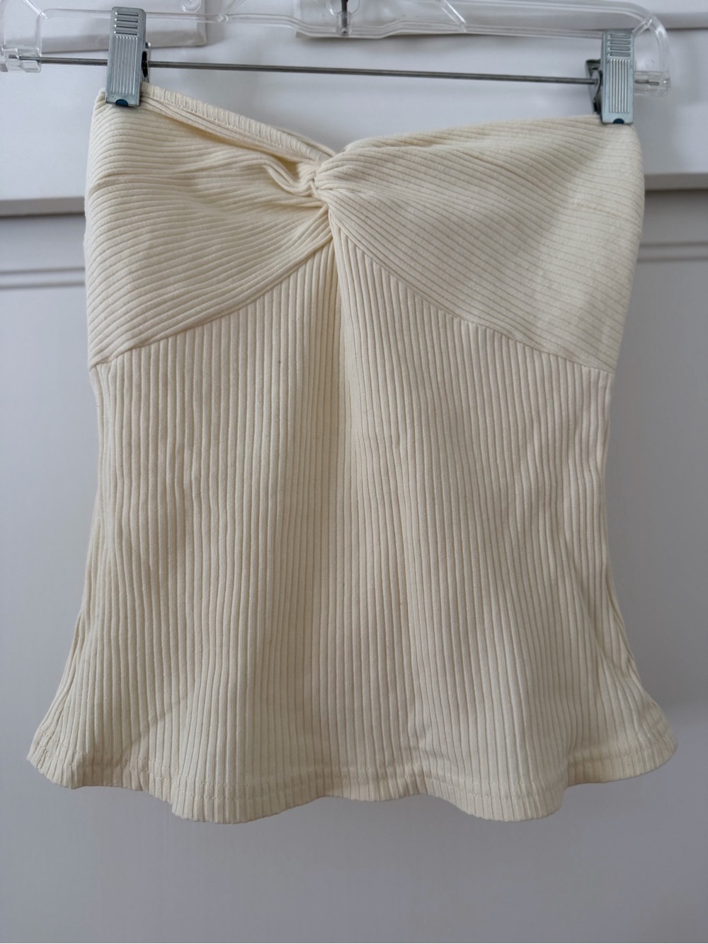 Cream Ribbed Twist-Front Strapless Top-Small